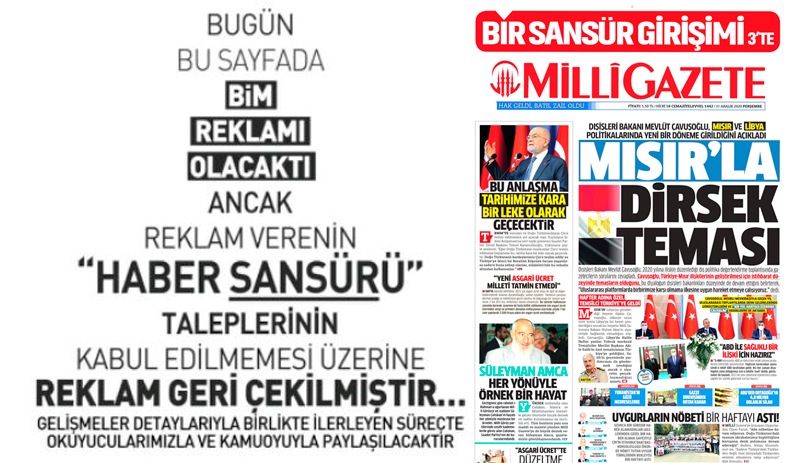 Milli Gazete, verdiği reklamı geri çeken BİM'i ilanla ifşa etti: 'Haber sansürü' istediler
