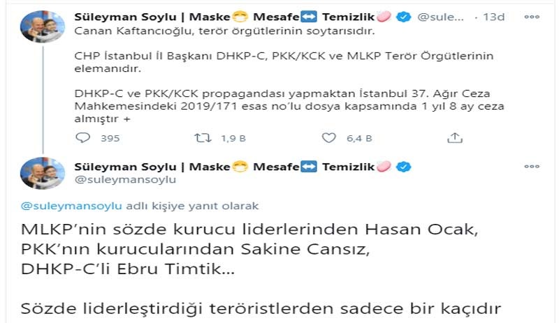Süleyman Soylu Canan Kaftancıoğlu'na yine 'terörist' dedi