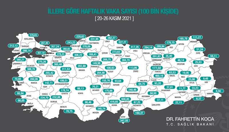 Bakan Koca, 20-26 Kasım insidans haritasını paylaştı