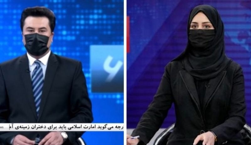 Afganistan'da erkek sunucular maske takarak kadın meslektaşlarına destek oldu