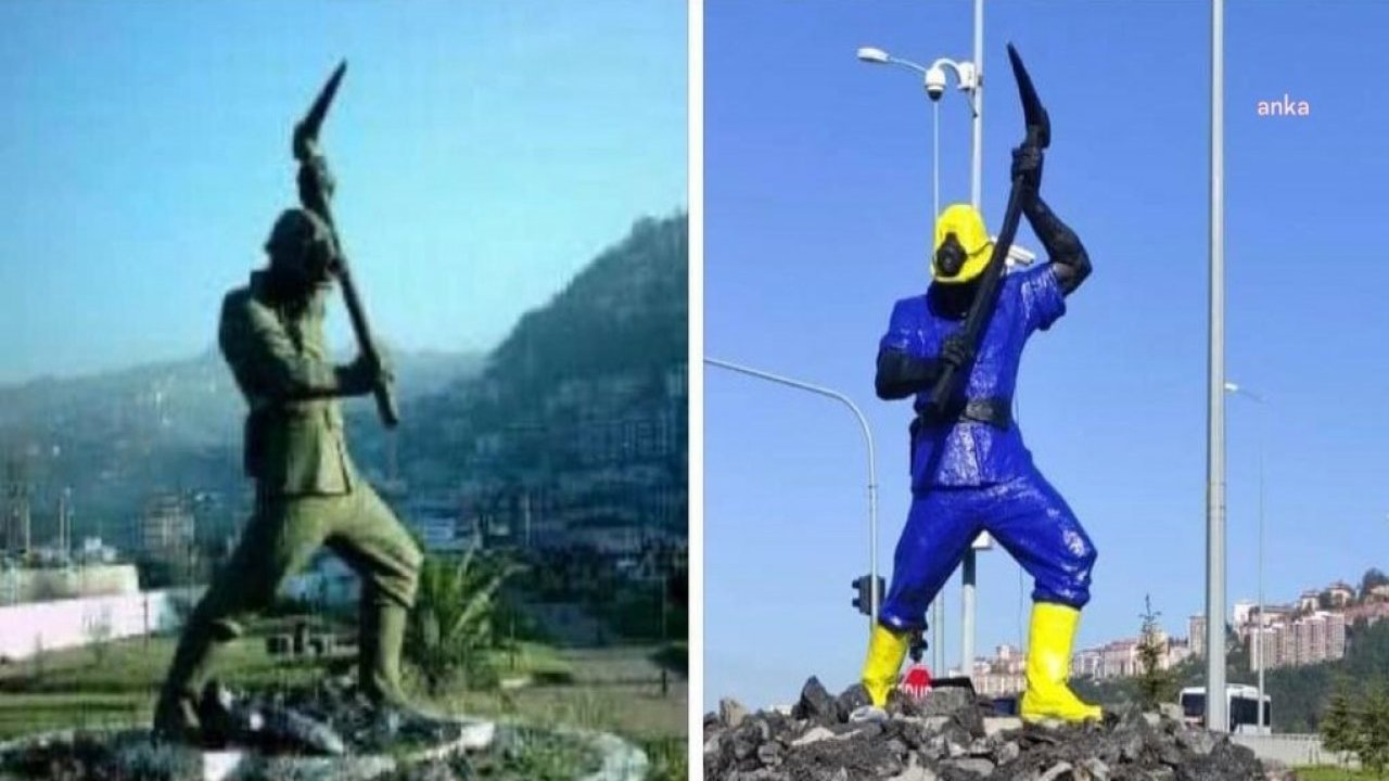 Kozlu'daki madenci anıtı sarı ve maviye boyandı