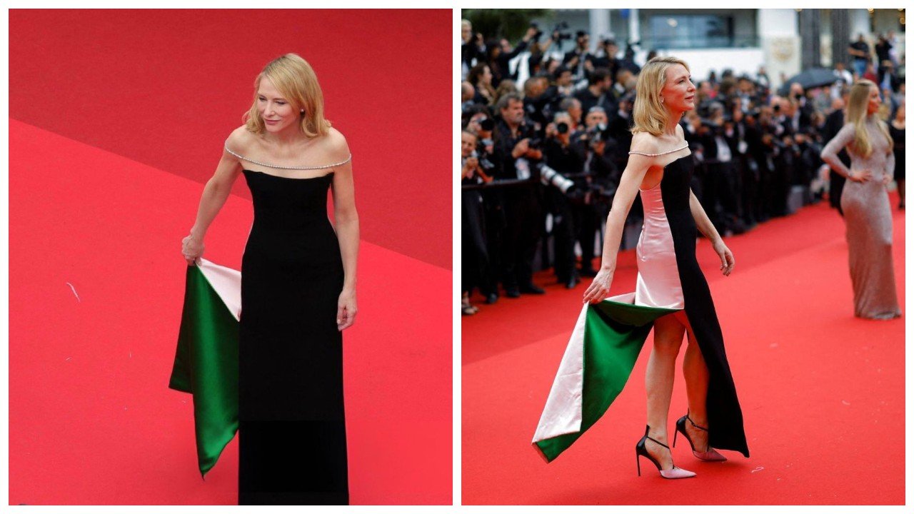 Cate Blanchett'tan kırmızı halıda tasarım elbiseyle Filistin mesajı