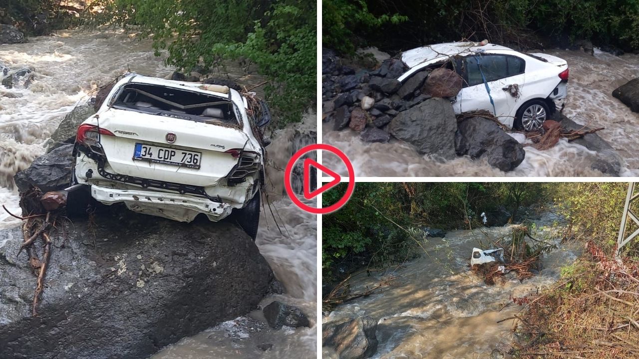 Artvin'de sel felaketi: Park halindeki otomobil taşan derede sürüklendi