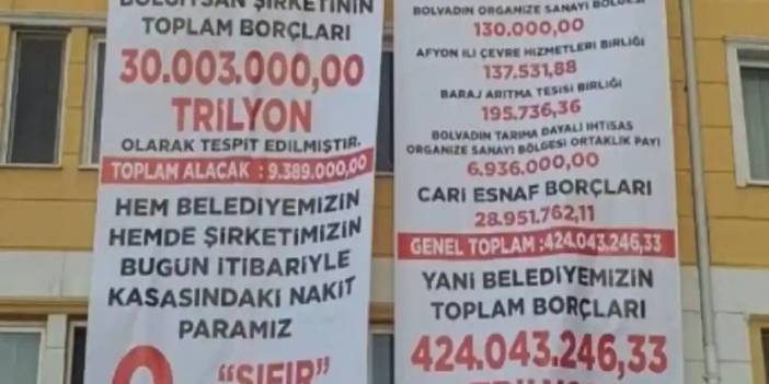 MHP'li başkan AKP'li eski başkandan devraldığı borçları belediye binasına astı