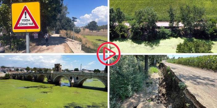 Edirne'de Tunca Nehri kurudu, toprak yol çöktü