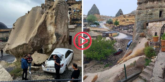 Göreme'de sağanak yağış: Peribacalarından düşen kaya parçaları otomobillere zarar verdi